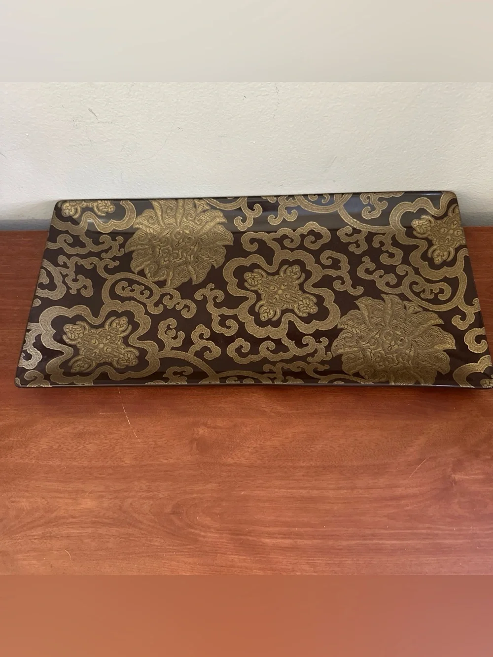 PotteryBarn Floral Scroll ceramic platter- Brown and Gold VNTGE RARE